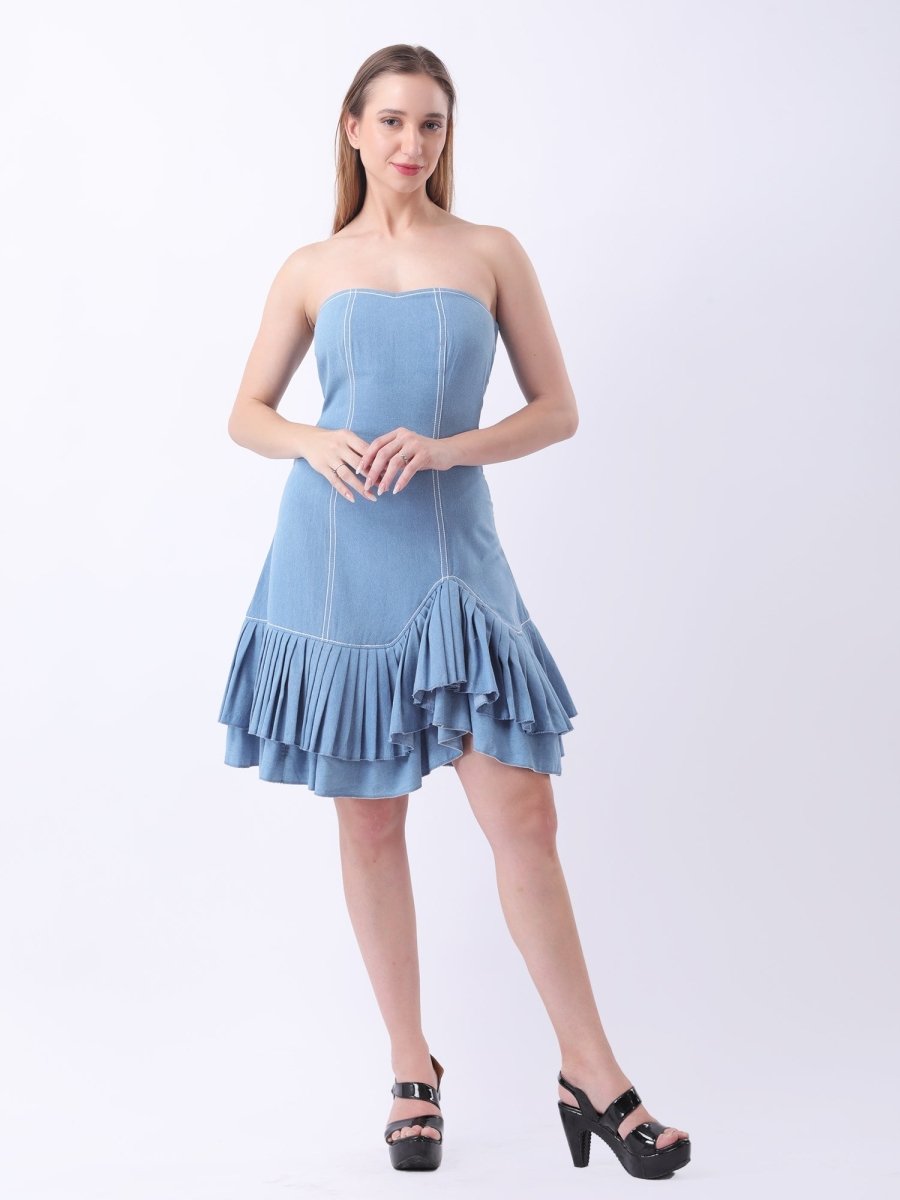 Gaiia Strapless Denim Ruffle Hem Dress - Blue - GAIIA